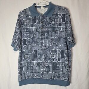 Vintage Haband Men's Blue‎ Patterned Polo Shirt Short Sleeve Knit Large